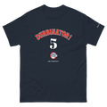 Caleb Durbin Red Sox Inspired T-shirt. A navy blue short-sleeve t-shirt with a graphic print on the front. The design features the word 'DURBINATOR!' in red arched letters with a white outline, a large white number '5' below it, a small circular logo, and 'ONLY IN BOSTON' printed in white underneath.