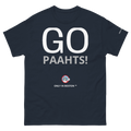 A navy blue short-sleeve t-shirt with 'GO PAAHTS!' printed in large white letters on the front, and a small Boston Red Sox logo with 'ONLY IN BOSTON' underneath. A small white 'only in Boston' tag is also visible on the right sleeve.
