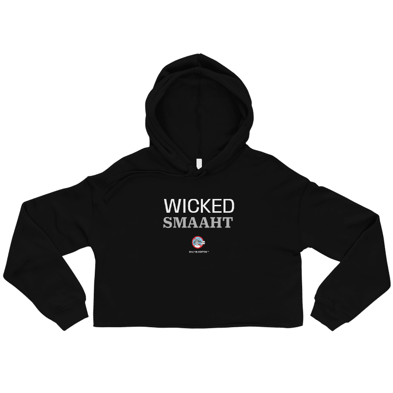 A black cropped hoodie with 'WICKED SMAAHT' printed in white across the chest, displayed on a solid white background.