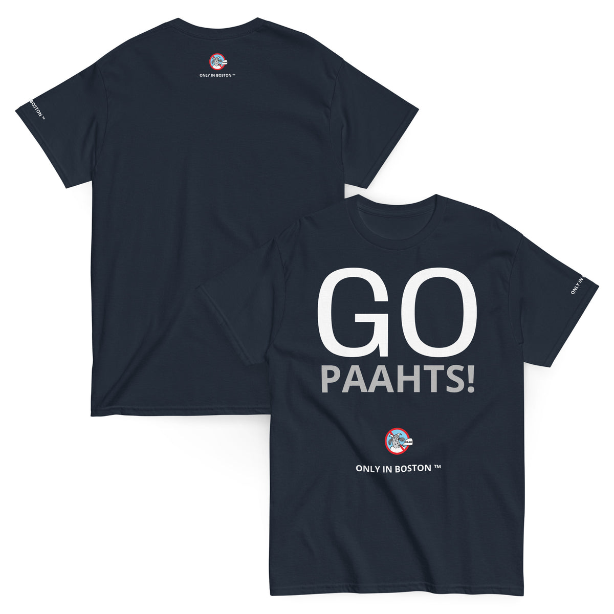 A navy blue short-sleeve t-shirt shown from both front and back. The front features the text 'GO PAAHTS!' in large white letters, with a small 'ONLY IN BOSTON' logo underneath.